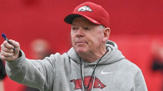 Razorbacks offensive coordinator Bobby Petrino at practice